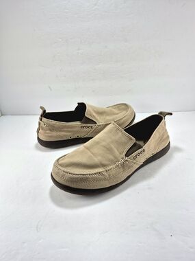 Crocs Walu Men’s Canvas Slip-On Loafers - Khaki Tan M6/W8 Unisex Boat Shoe